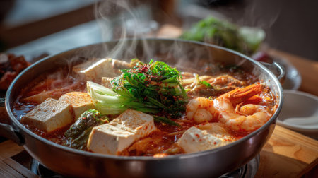 Steaming hot Korean jeongol in a metal pot, filled with seafood, tofu, and napa cabbage on a wooden tableの素材