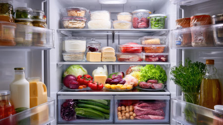 Refrigerator interior featuring well-stocked dairy, meats, fresh produce, and condiments arranged by categoryの素材