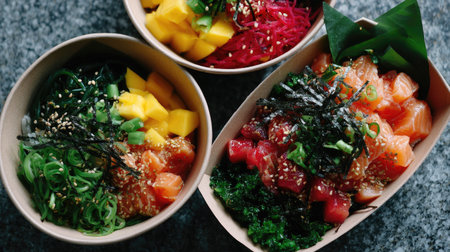 Overhead shot of colorful poke bowls in eco-friendly takeout boxes, loaded with salmon, mango, seaweed, and sesame seedsの素材