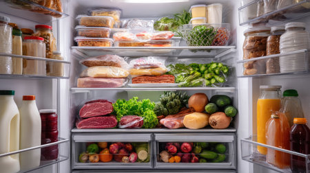 Refrigerator interior featuring well-stocked dairy, meats, fresh produce, and condiments arranged by categoryの素材
