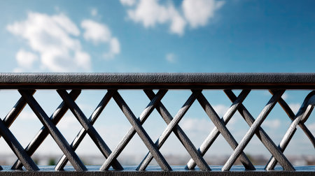 Overhead shot of a metal fence with a repeating lattice pattern, offering a symmetrical and clean look against a bright skyの素材
