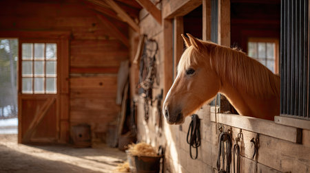 Side view of a horse in a well-lit wooden stall, barn tools and halters hanging neatly on nearby wallsの素材