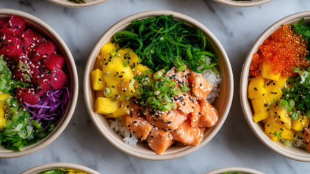 Overhead shot of colorful poke bowls in eco-friendly takeout boxes, loaded with salmon, mango, seaweed, and sesame seedsの素材