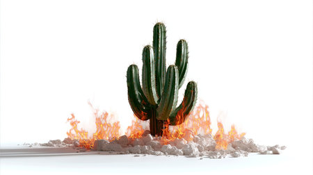 Tall cactus centered on white background with controlled flames curling around its base, surreal and striking visualの素材