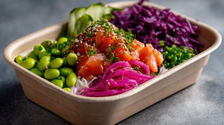 Poke bowl in biodegradable takeout container, filled with spicy salmon, edamame, pickled radish, and purple cabbageの素材