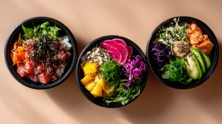 Overhead photo of three poke bowl takeout meals with matching branding, arranged symmetrically for social mediaの素材