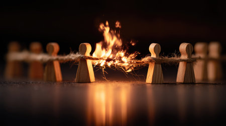 Wooden people silhouettes connected by string that's catching fire in the middle, symbolizing breaking tiesの素材