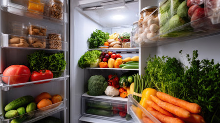 Wide-angle view of a spacious refrigerator packed with organized groceries, highlighting freshness and abundanceの素材