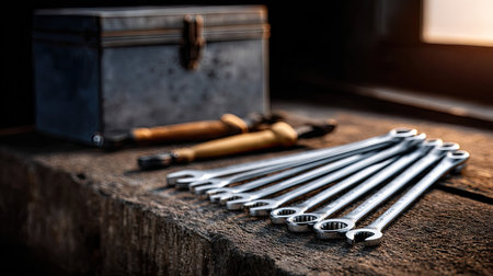 Stainless steel spanner set with a variety of sizes, ready for use in automotive repairs, set against a mechanic's workspaceの素材
