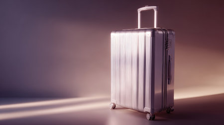 Silver aluminum suitcase placed vertically with its lid slightly open, positioned on a gradient light backgroundの素材