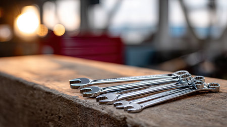 Stainless steel spanner set with a variety of sizes, ready for use in automotive repairs, set against a mechanic's workspaceの素材