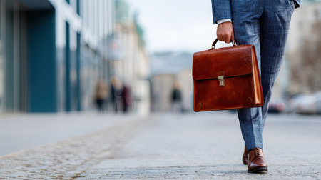 Stylish professional man in a formal suit holding a leather briefcase, walking confidently down a city streetの素材