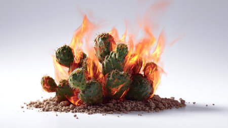 Succulent cactus with flames licking its sides, completely isolated on a white background, intense and dramatic compositionの素材