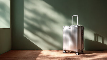 Sleek aluminum suitcase standing on a soft textured surface, empty and ready to be packed with travel essentialsの素材