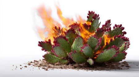 Succulent cactus with flames licking its sides, completely isolated on a white background, intense and dramatic compositionの素材