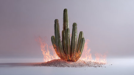 Tall cactus centered on white background with controlled flames curling around its base, surreal and striking visualの素材