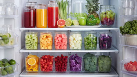 Side-by-side refrigerator packed with rainbow-colored fruits, vegetables, plant-based items, and glass containersの素材