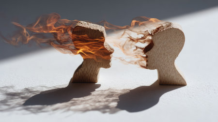 Two wooden people silhouettes on a white surface, flames separating them, representing conflict in conversationの素材