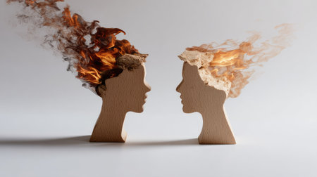 Two wooden people silhouettes on a white surface, flames separating them, representing conflict in conversationの素材