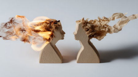 Two wooden people silhouettes on a white surface, flames separating them, representing conflict in conversationの素材