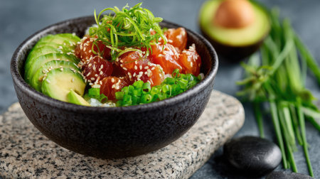 Tasty poke bowl takeout on a granite countertop, garnished with scallions, sesame, and sliced avocadoの素材