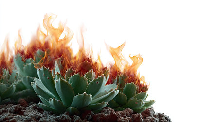 Succulent cactus with flames licking its sides, completely isolated on a white background, intense and dramatic compositionの素材