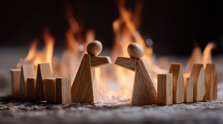 Wooden figurines trying to reach each other through a wall of fire, metaphor for difficult conversationsの素材