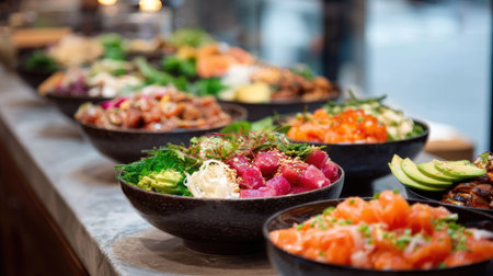 Variety of poke bowls on a restaurant counter ready for takeout, bursting with color and freshnessの素材
