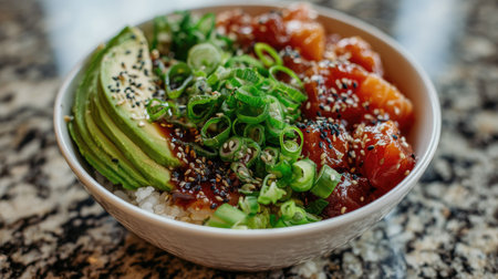 Tasty poke bowl takeout on a granite countertop, garnished with scallions, sesame, and sliced avocadoの素材