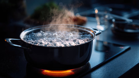 Water boiling over slightly from a pot, creating a sizzling mess on the stovetopの素材