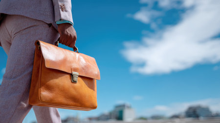 Well-dressed man adjusting his leather briefcase, standing on a city sidewalk with a clear blue sky behind himの素材
