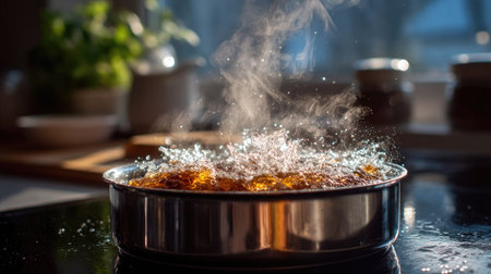 Water boiling over slightly from a pot, creating a sizzling mess on the stovetopの素材