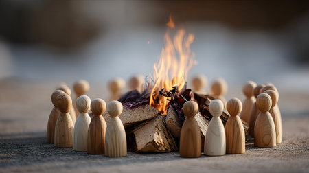Wooden figures gathered around a burning center piece, symbolizing passionate group discussionの素材