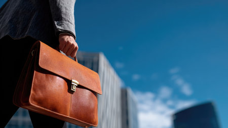 Well-dressed man adjusting his leather briefcase, standing on a city sidewalk with a clear blue sky behind himの素材