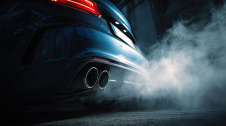 Close-up of the exhaust system with smoke escaping from a sports car after a high-speed runの素材