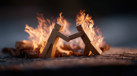 Two wooden people reaching toward each other with flames between them, concept of love and dangerの素材