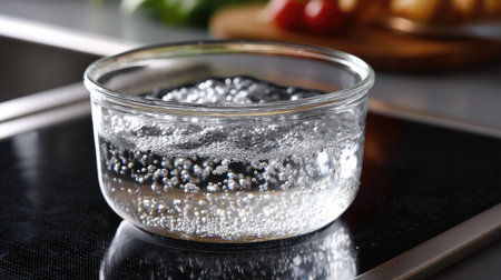 Water boiling in a clear glass pot on an electric stovetop, bubbles visible through the glass sidesの素材