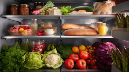Wide shot of a high-end fridge filled with gourmet groceries and colorful produce, emphasizing freshness and orderの素材