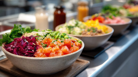 Variety of poke bowls on a restaurant counter ready for takeout, bursting with color and freshnessの素材