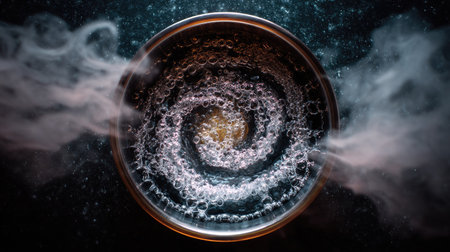 Top-down view of a pot on a stove at a rolling boil, with swirling bubbles and steam escaping the rimの素材