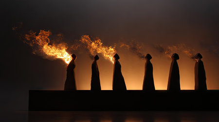 A line of wooden silhouettes with the central figure ablaze, symbolizing conflict within a group dynamicの素材