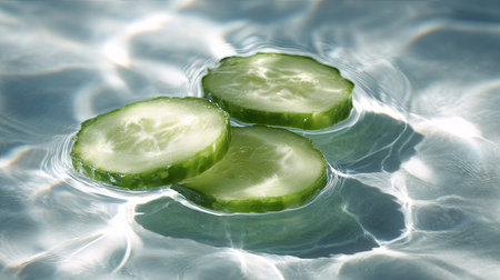 Close-up of three cucumber slices floating together on the surface of water, with soft shadows and highlightsの素材