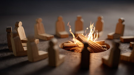 Wooden people silhouettes seated in a circle with a controlled flame in the middle, symbolizing open but intense dialogueの素材