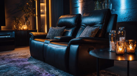 Overhead shot of a stylish black leather recliner sofa in a modern entertainment room with moody lightingの素材
