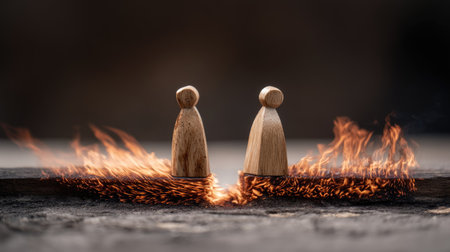 Wooden figurines back to back with a fire line between them, expressing disconnection and tensionの素材