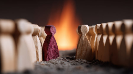 Wooden figurines trying to reach each other through a wall of fire, metaphor for difficult conversationsの素材