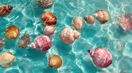 Scattered colorful seashells afloat in turquoise water, creating a serene and whimsical lookの素材