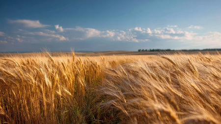 A vast golden wheat field swaying gently in the wind under a clear blue sky, sunlight casting a warm glow over the ripening cropの素材