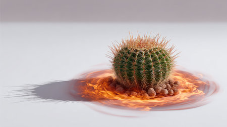 Barrel cactus surrounded by bright fire rings on a plain white background, heatwave and climate metaphorの素材