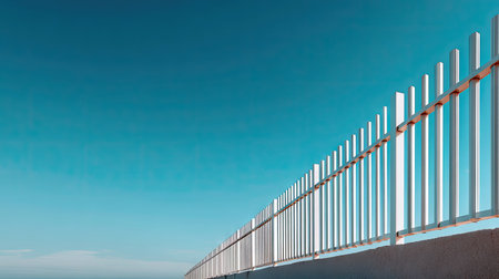 A modern metal fence with clean, sharp lines and minimalistic design, set against a clear blue skyの素材